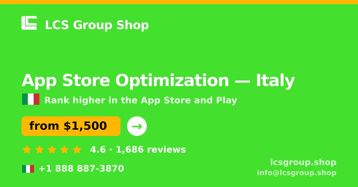 App Store Optimization in Turin — from $1,200/mo, rated 4.9/5 by 3447 clients. LCS Group Shop.