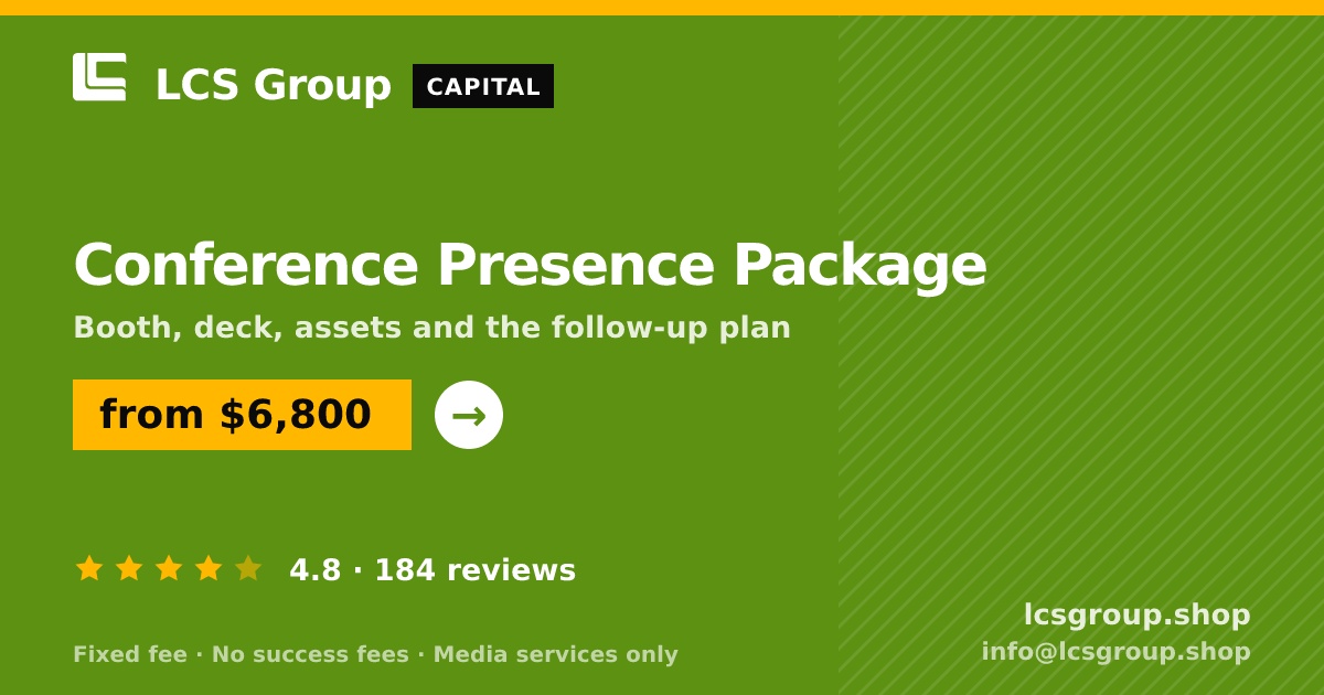 Conference Presence Package — from $6,800, rated 4.8/5 across 184 reviews. LCS Group Shop.