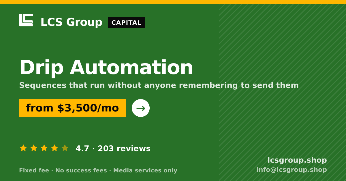 Drip Automation — from $3,500/mo, rated 4.7/5 across 203 reviews. LCS Group Shop.