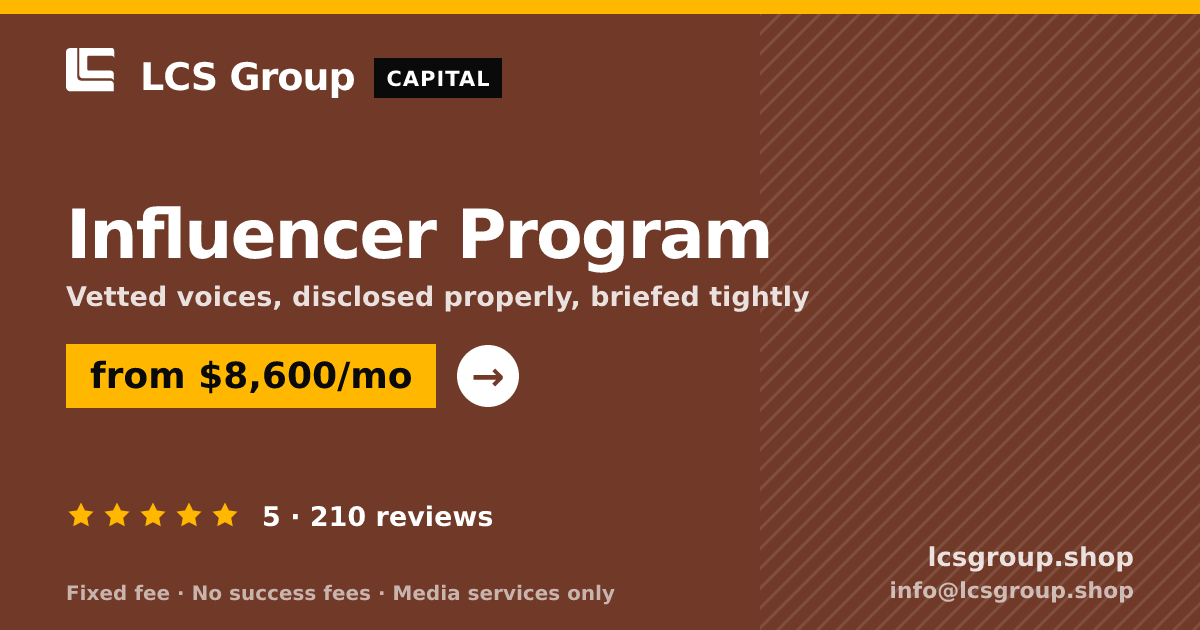 Influencer Program — from $8,600/mo, rated 5/5 across 210 reviews. LCS Group Shop.
