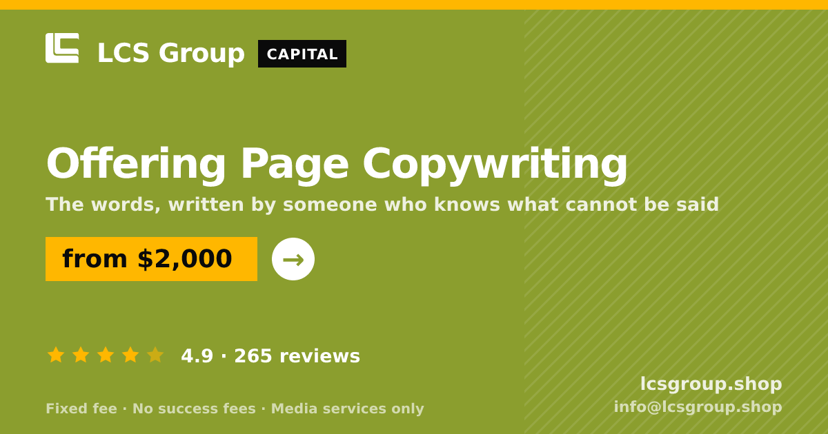 Offering Page Copywriting — from $2,000, rated 4.9/5 across 265 reviews. LCS Group Shop.