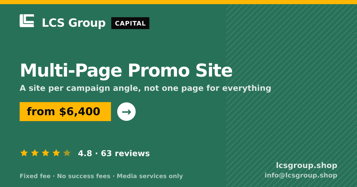 Multi-Page Promo Site — from $6,400, rated 4.8/5 across 63 reviews. LCS Group Shop.