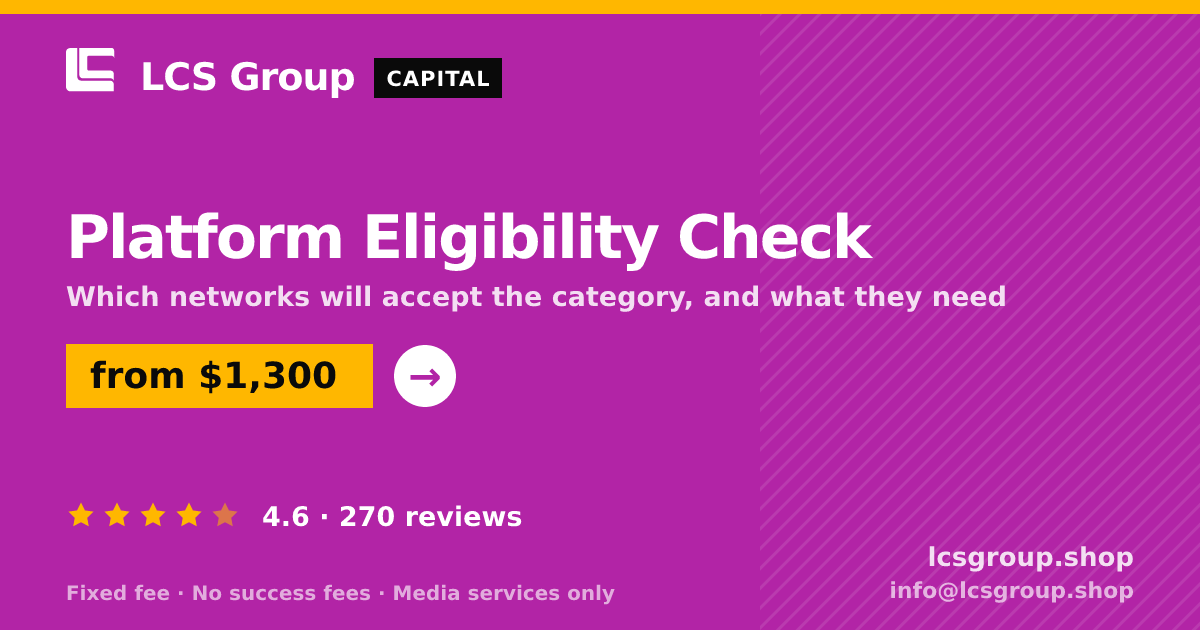 Platform Eligibility Check — from $1,300, rated 4.6/5 across 270 reviews. LCS Group Shop.