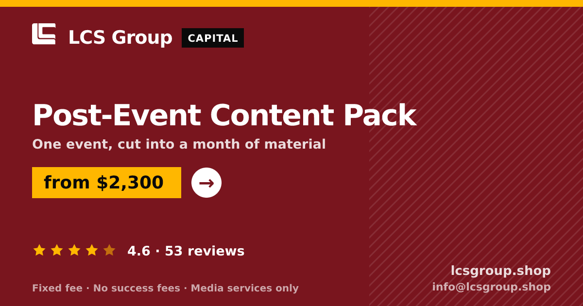 Post-Event Content Pack — from $2,300, rated 4.6/5 across 53 reviews. LCS Group Shop.