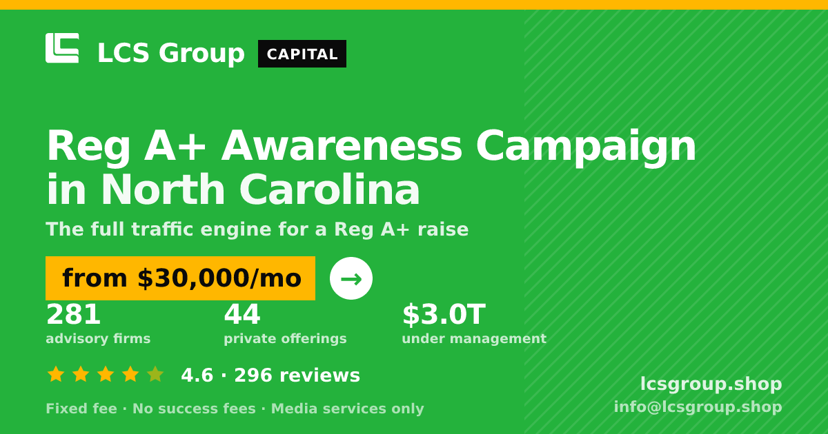 Reg A+ Awareness Campaign in North Carolina — from $30,000/mo, rated 4.6/5 across 296 reviews. LCS Group Shop.