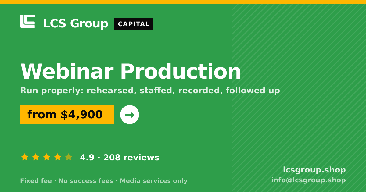 Webinar Production — from $4,900, rated 4.9/5 across 208 reviews. LCS Group Shop.